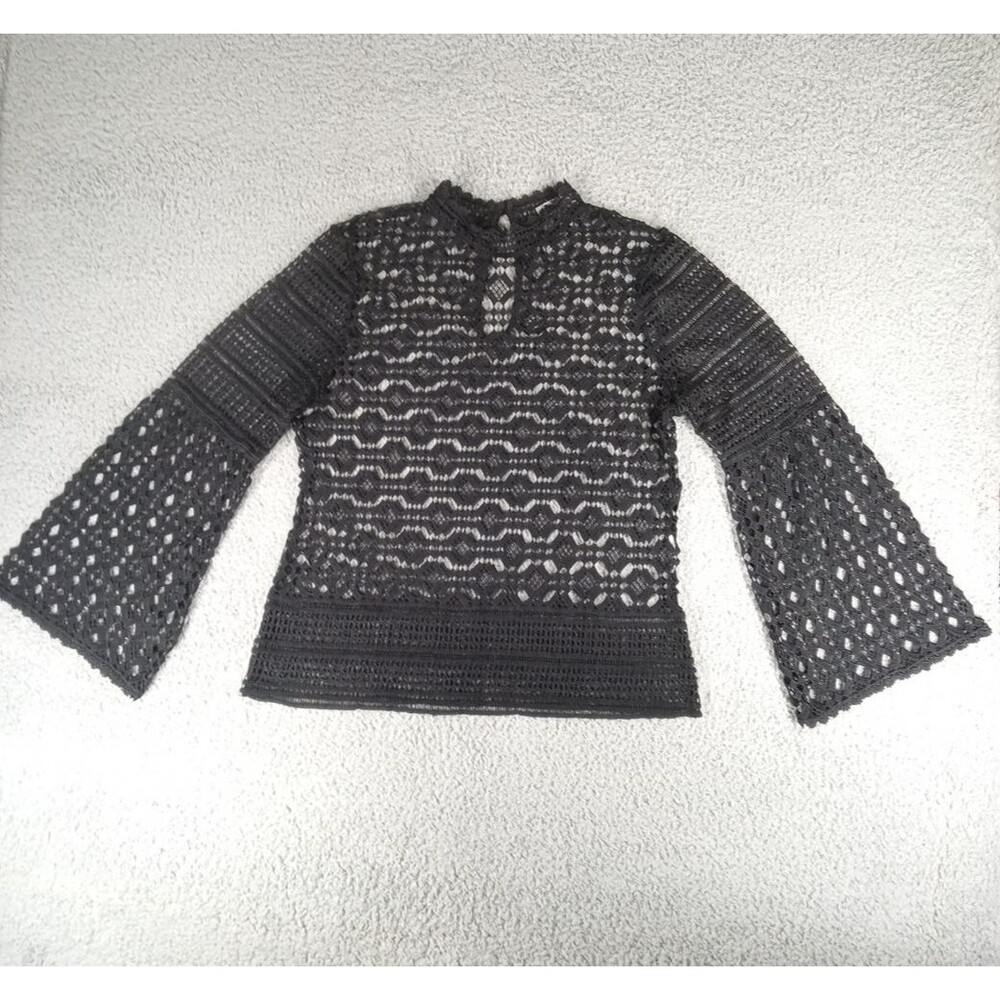 Honey & T Women’s Lace Sheer Blouse Size Large Cutout Flare Sleeve Boho Keyhole